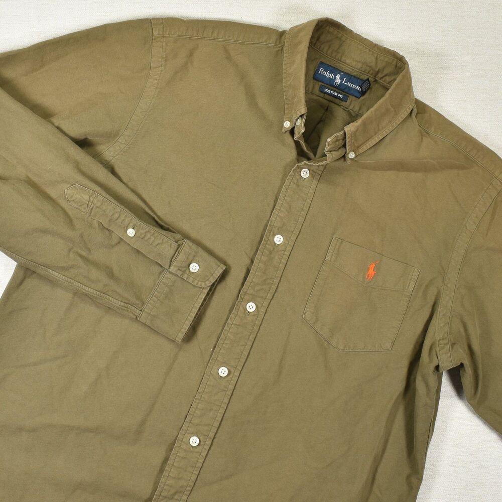Ralph Lauren Shirt Mens L Green Solid Long Sleeve Button Down Custom Fit Casual